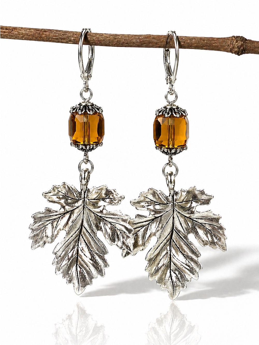 Amber Leaf Earrings, Silver Botanical Dangle, Nature Inspired Jewelry